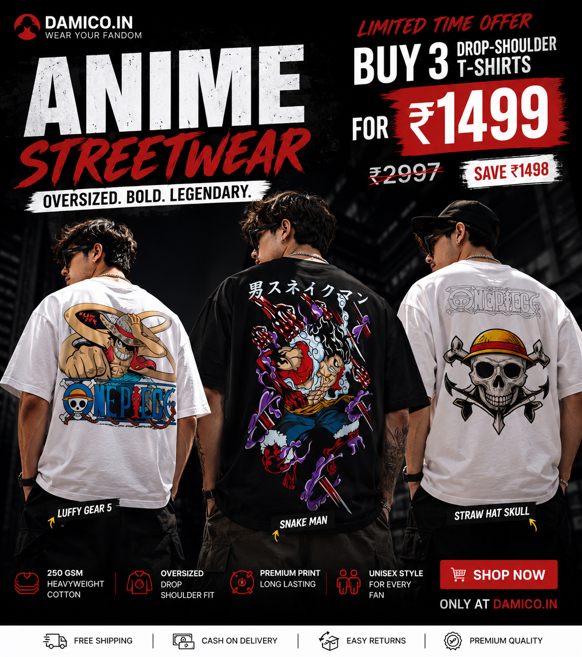 Get 3 Premium Oversized Drop Shoulder Tees for just ₹1499