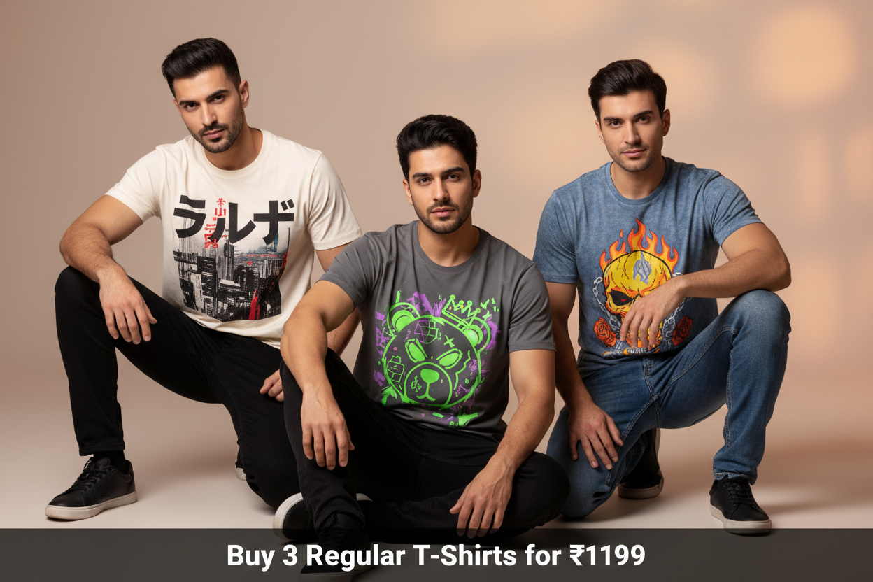 Get any 3 Regular Round Neck T-Shirts for just ₹1199