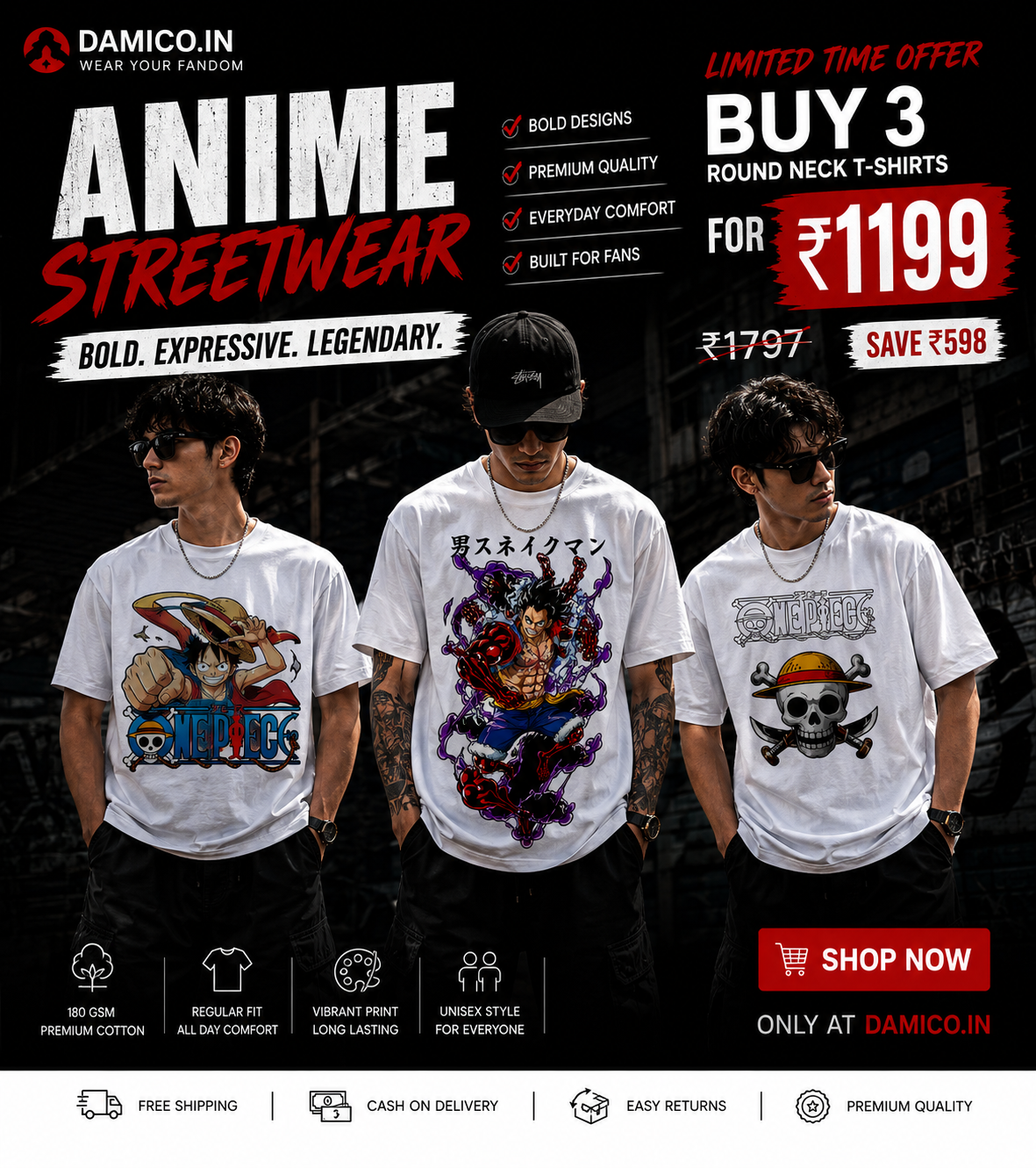 Get any 3 Regular Round Neck T-Shirts for just ₹1199