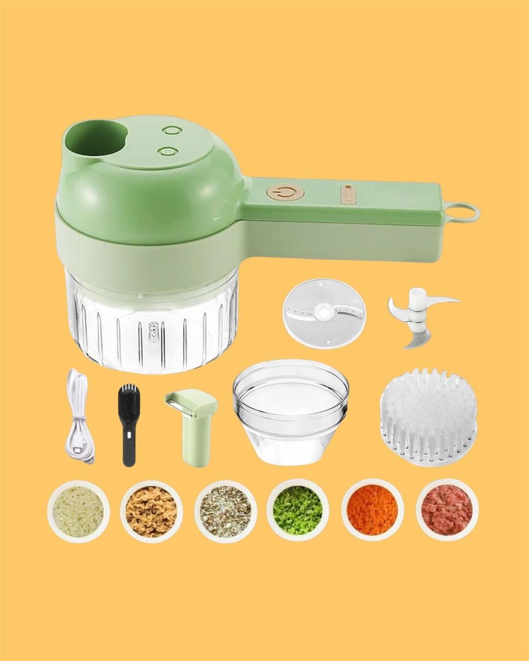 4-in-1 Portable Electric Vegetable Cutter Set – Chopping, Cutting, Grinding & Peeling Machine for Everyday Kitchen Use