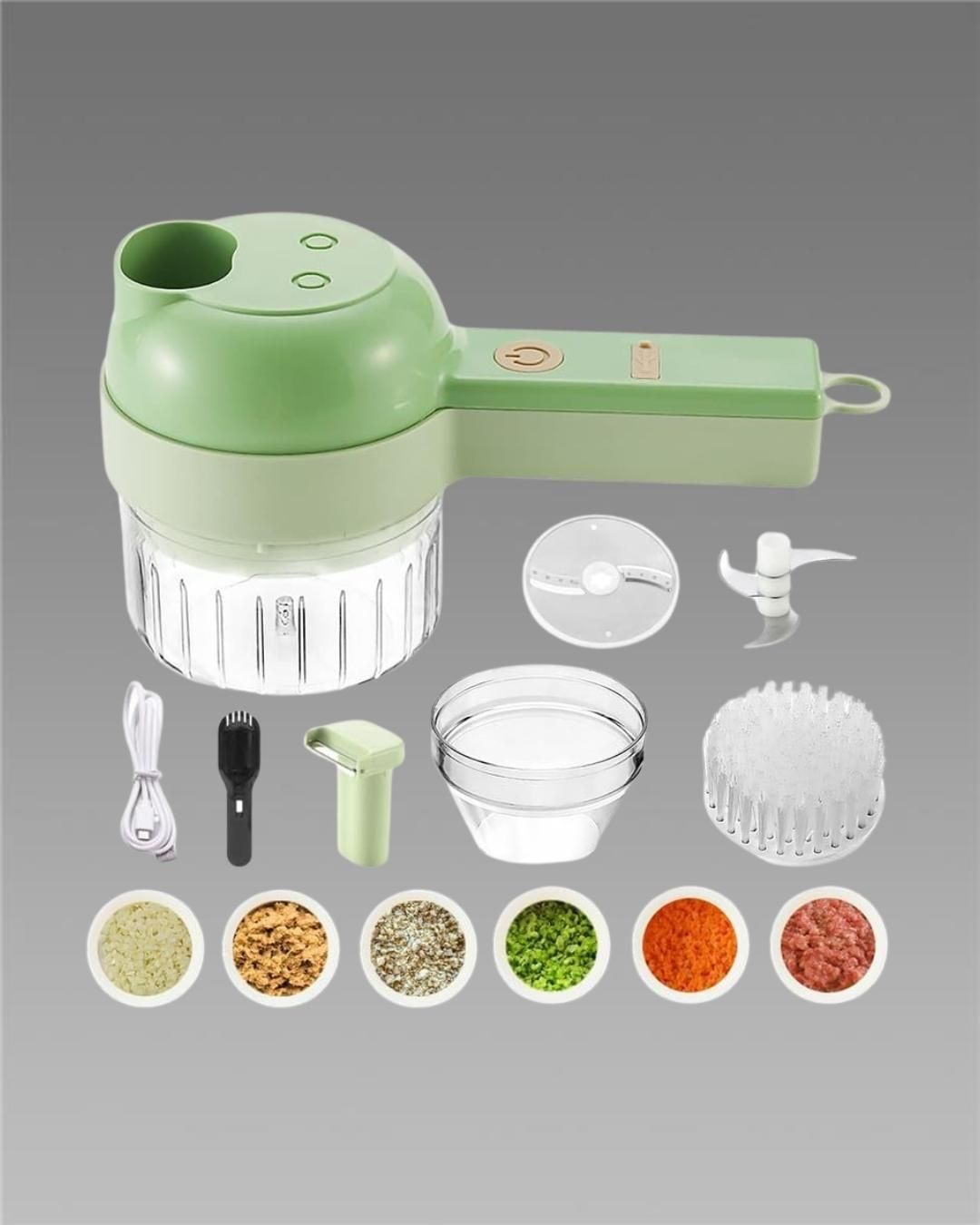 4-in-1 Portable Electric Vegetable Cutter Set – Chopping, Cutting, Grinding & Peeling Machine for Everyday Kitchen Use