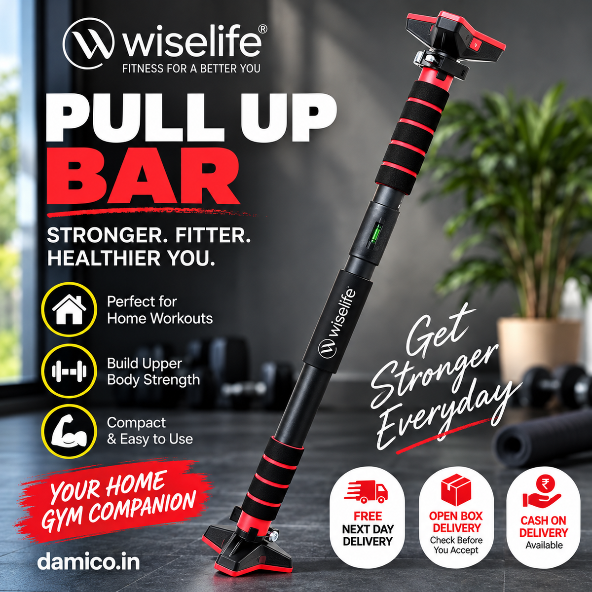 Wise Life Heavy-Duty Pull Up Bar for Home – No Drilling Doorway Chin-Up Bar I Supports Up to 100 kg