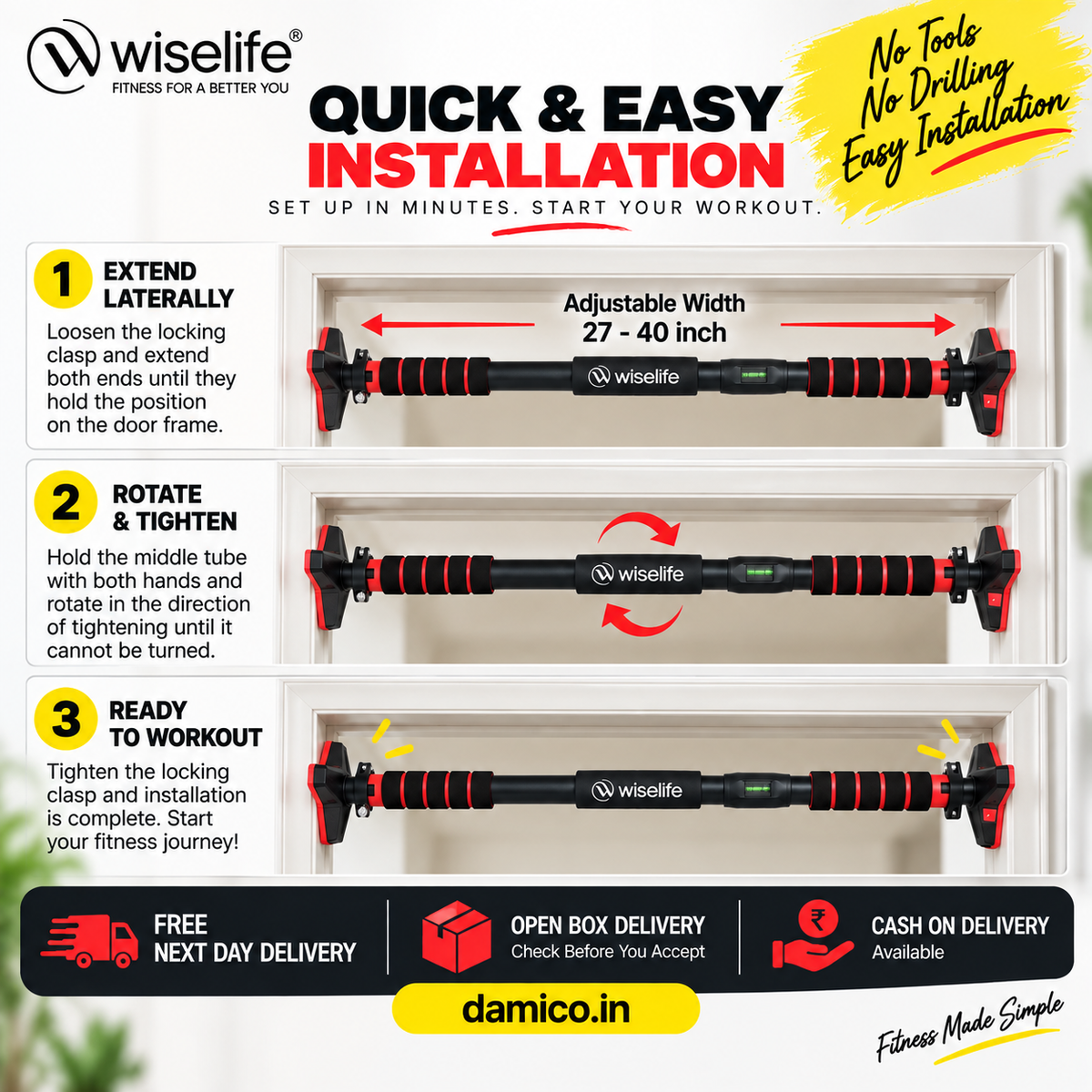 Wise Life Heavy-Duty Pull Up Bar for Home – No Drilling Doorway Chin-Up Bar I Supports Up to 100 kg